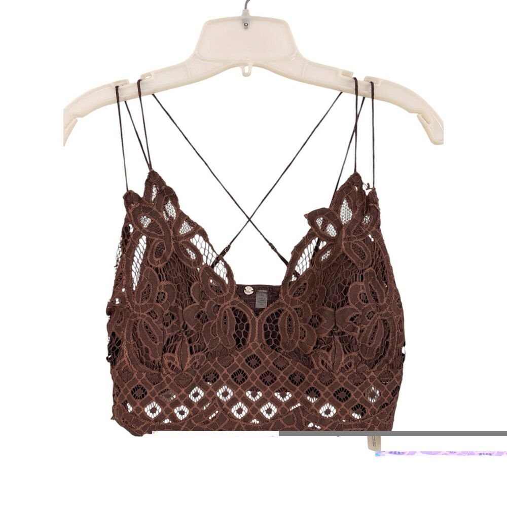 Free People FP One Crochet Lingerie Top L Brown Lace Boho Strappy V-Neck Cropped